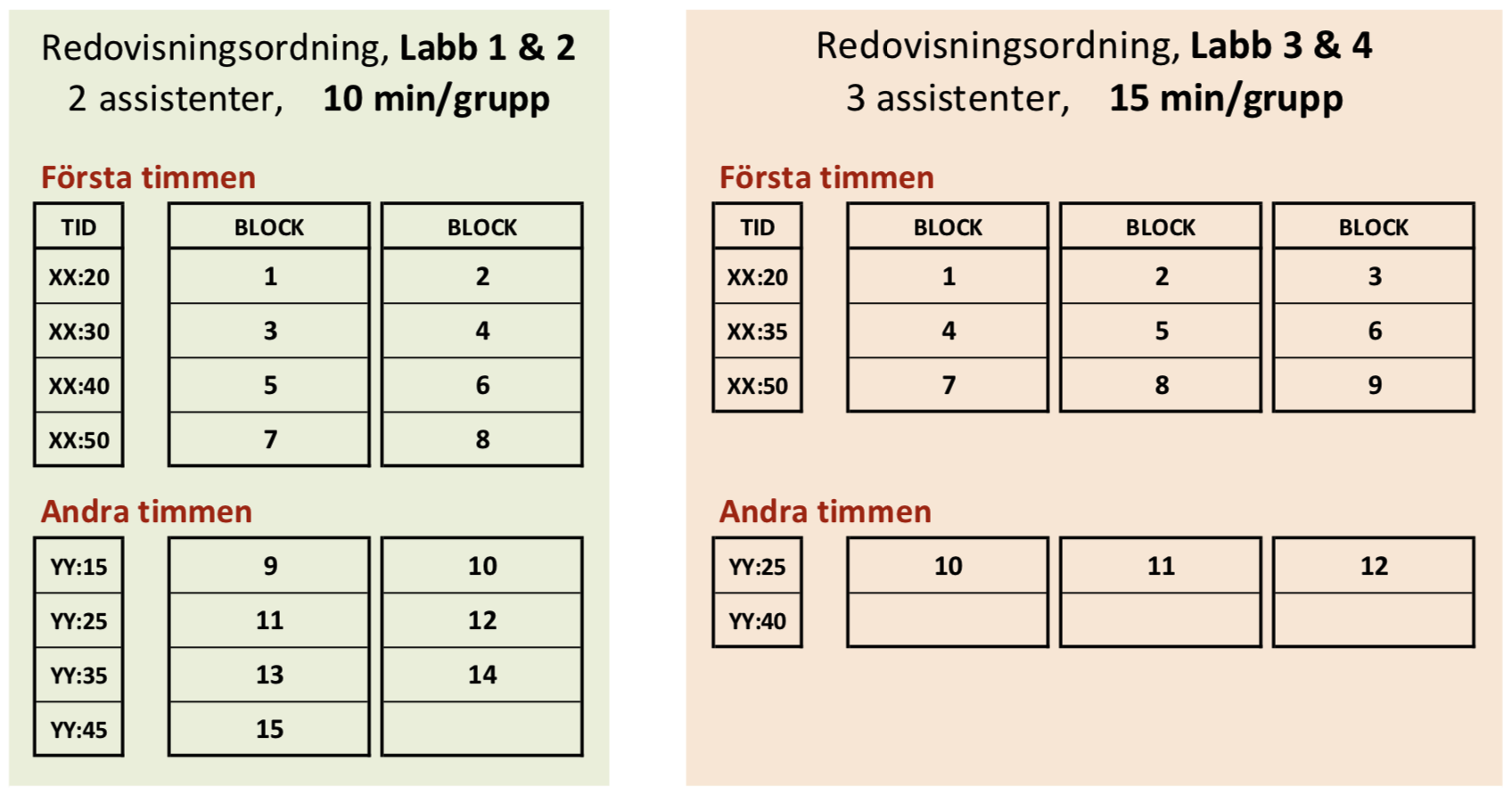 Blockindelning för
redovisningspassen